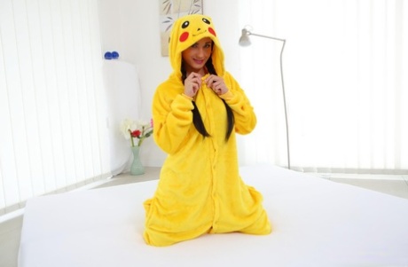 Brunette teen Nicole Love masturbates while adorned in a Pokemon outfit 81509409